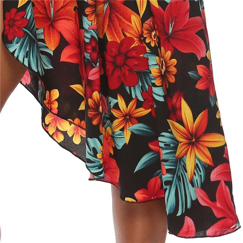 Asymmetry Floral Print Tunic Beach Dress Red Flower Beachwear Swimsuit Swim Dresses Womens Bathing Suit Cover Ups.