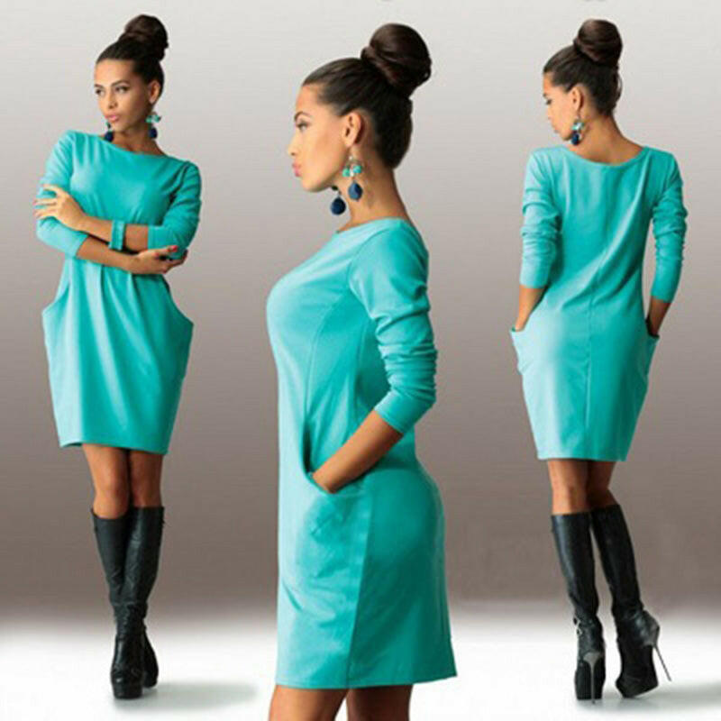 Solid Pockets Casual Loose Autumn Dress Women's O-Neck Long Sleeve Mini Bodycon Dresses vestidos.