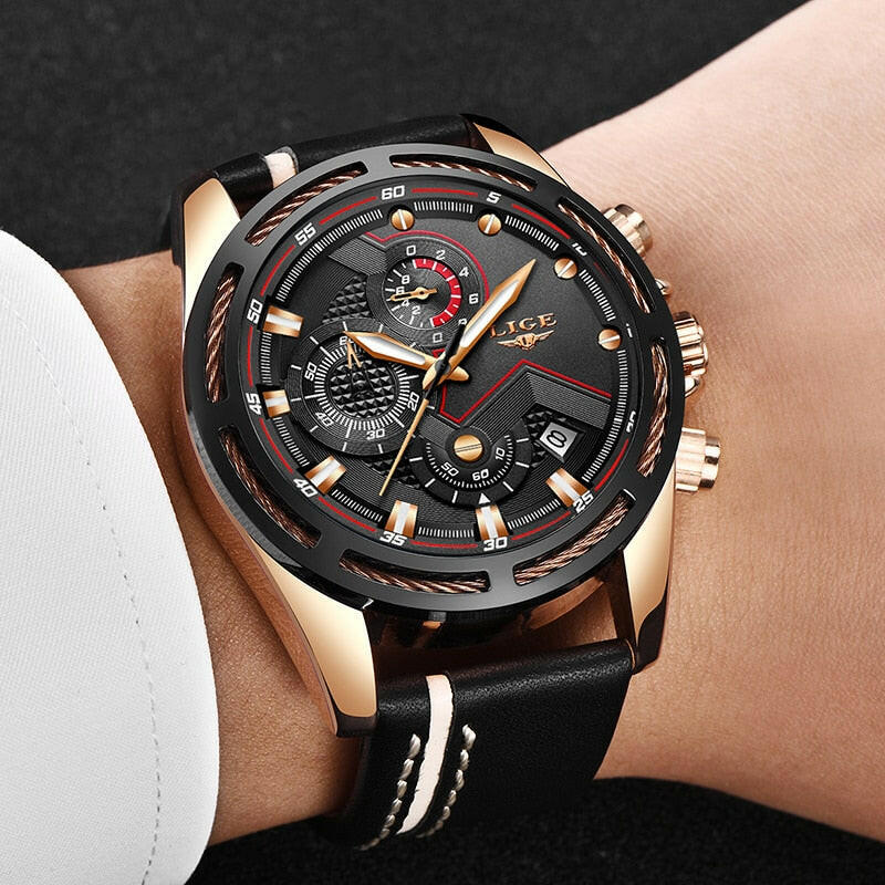 LIGE Watch Men Sport Quartz Clock Leather Mens Watches Top Brand Luxury Gold Waterproof Business Watch.