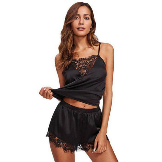 Women's Patchwork Lace Satin Pajama Set.