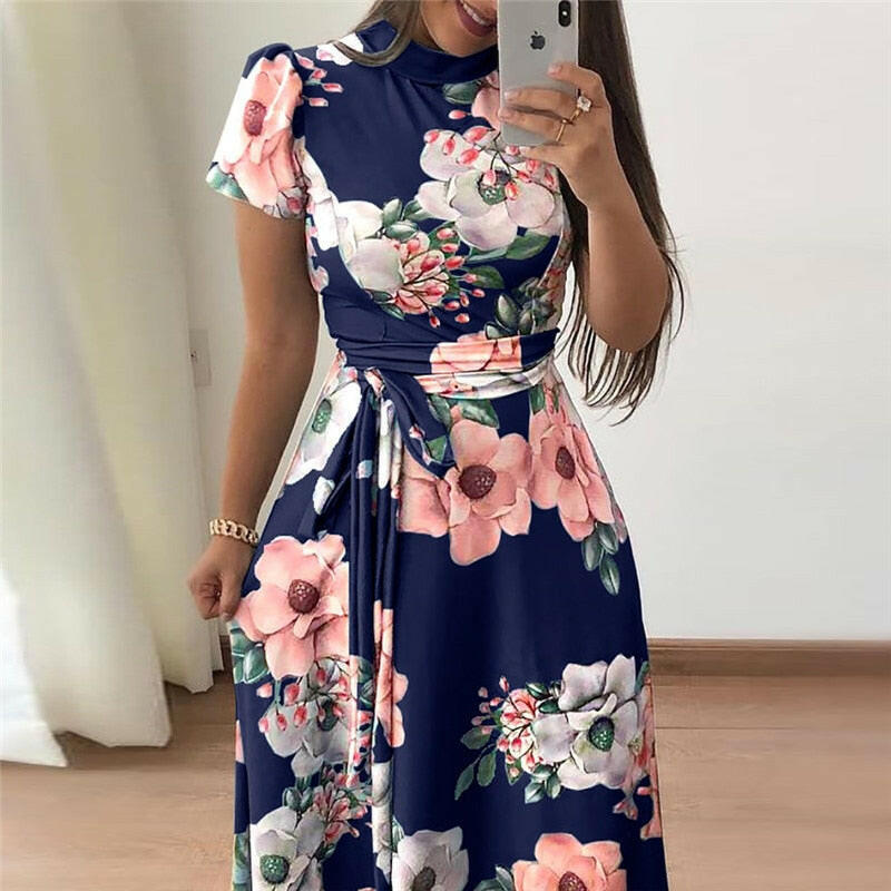 Women Summer Dress  Casual Short Sleeve Long Dress Boho Floral Print Maxi Dress Turtleneck Bandage Elegant Dresses Vestido.