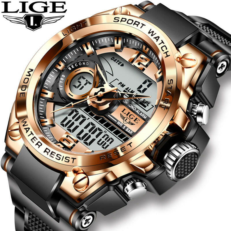 Lige Dual Display Quartz Watch - Stylish, Functional, and Waterproof.