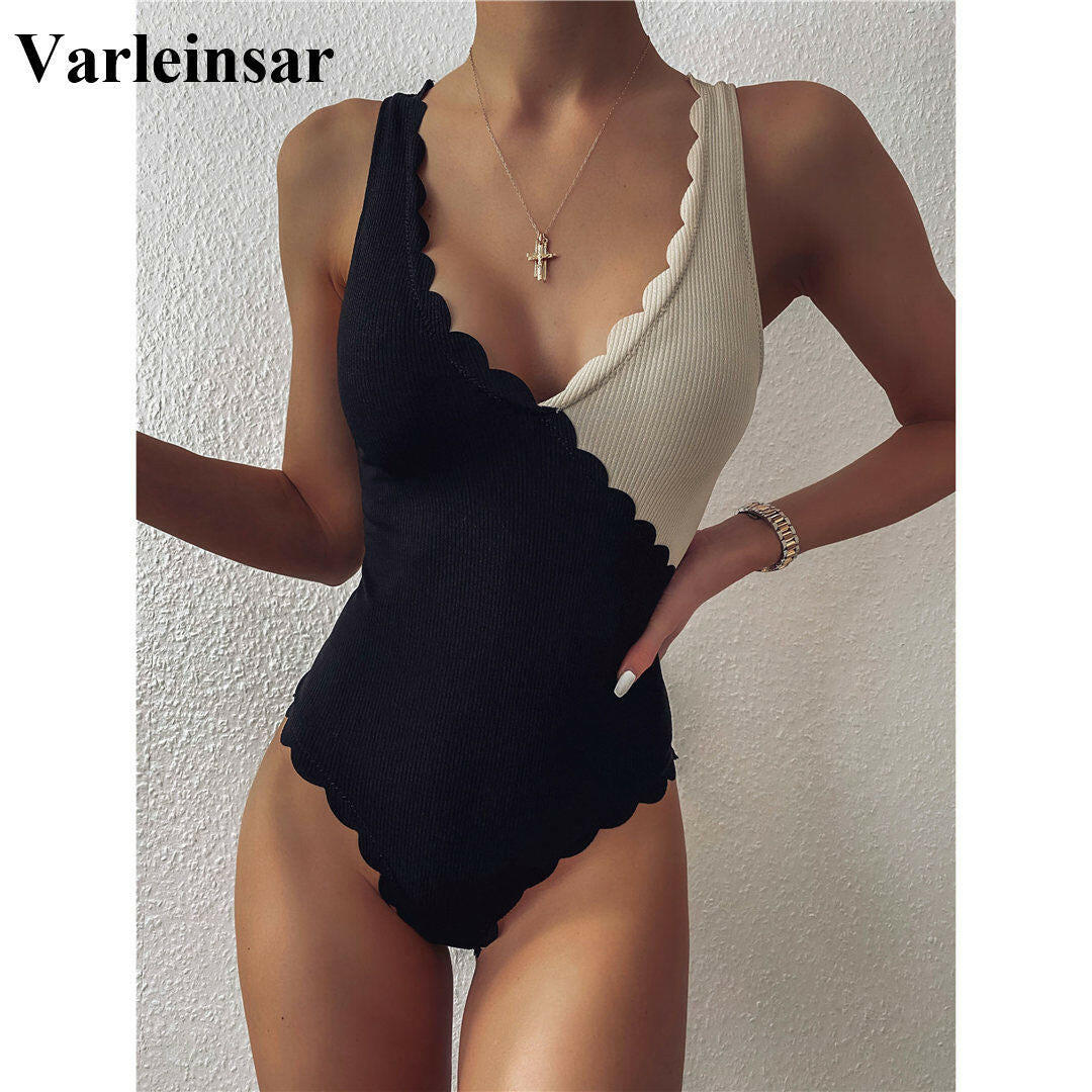 Scalloped Black Beige Splicing High Cut One Piece Swimsuit Women Swimwear Female Ribbed Bather Bathing Suit Swim Lady V2425.