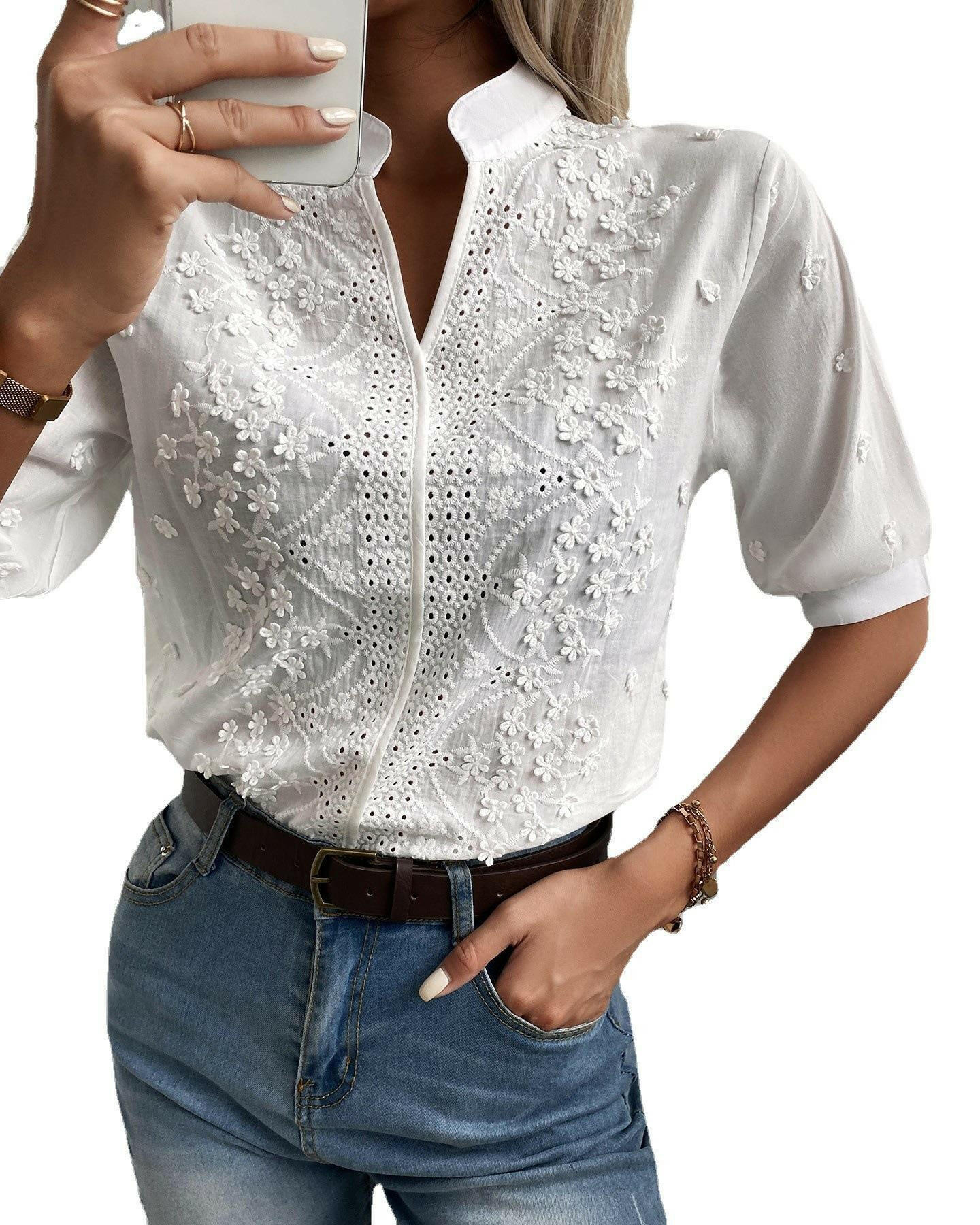 New V-Neck Stand-Up Collar Embroidered Lace Top Shirt.