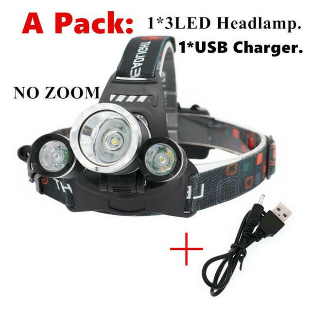 15000Lm XM-T6x3 LED Headlight ZOOM Flashlight Torch Camping Fishing Headlamp lantern Use 2*18650 battery / AC/Car/Usb/ charging.