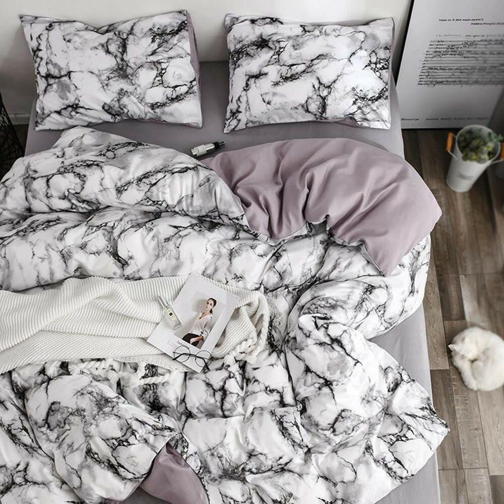 The Bedroom Bedding Is A Comfortable White Marble Pattern Printed Duvet Cover (2/3 Piece Set).