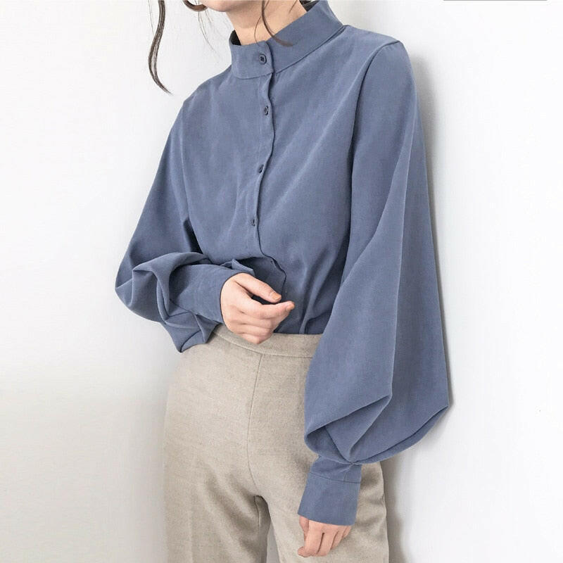 Big Lantern Sleeve Blouse Women Autumn Winter Single Breasted Stand Collar Shirts Office Work Blouse Solid Vintage Blouse Shirts.