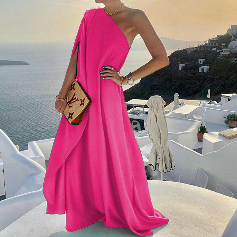 Women's Evening Party Dress Diagonal Collar One Shoulder Sleeve Loose Solid Color Fashion Dresses Summer.