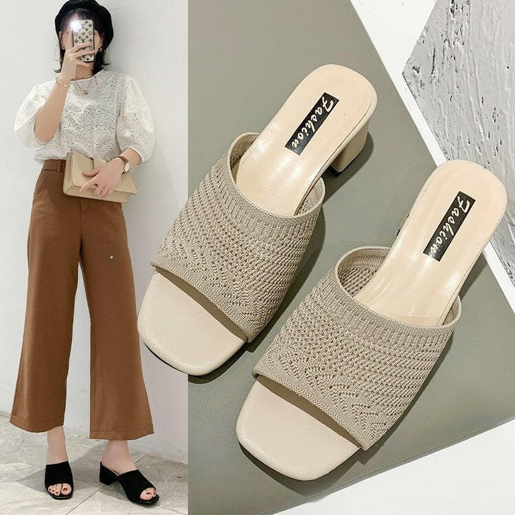 Mid Heel Sandals and Slippers for Women's Summer New Korean Edition Flying Weave Outerwear Fashion Women's Sandals and Slippers.