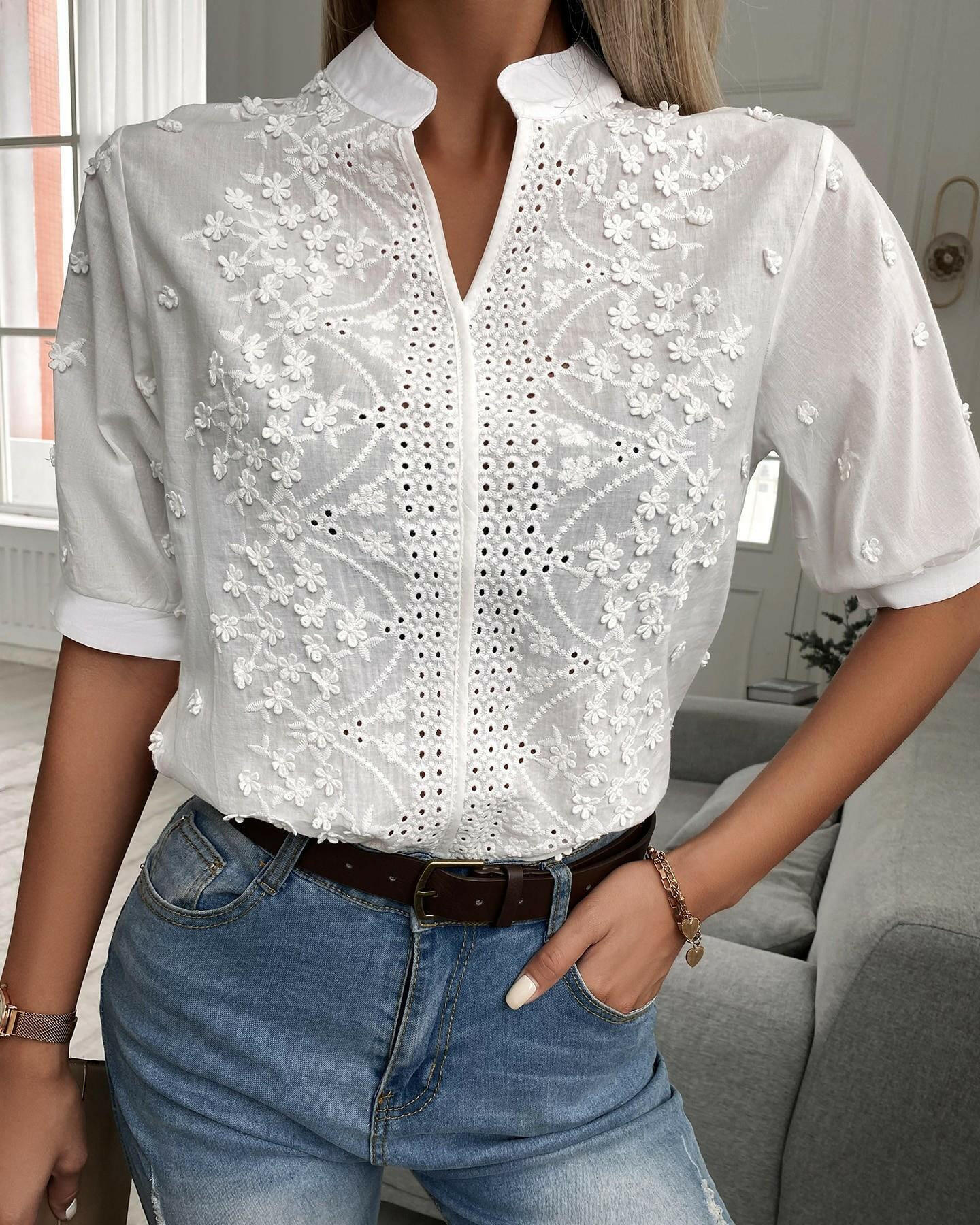 New V-Neck Stand-Up Collar Embroidered Lace Top Shirt.