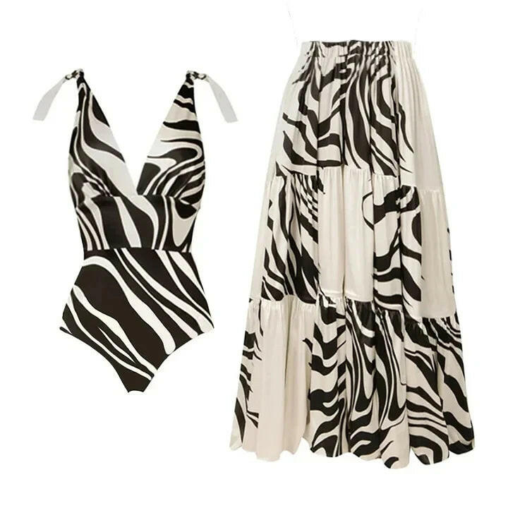 Women's V-Neck Printed One-Piece Swimsuit and Skirt Bikini Set - Summer Outfits.