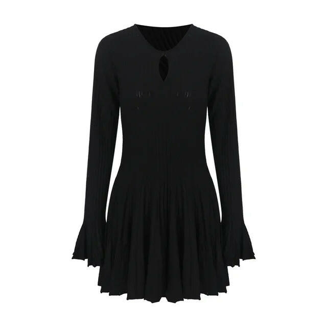 Korean Fashion Dresses for Women Autumn Winter Elegant Flare Sleeve Black Knit Wool Dress  High Quality Vestidos.