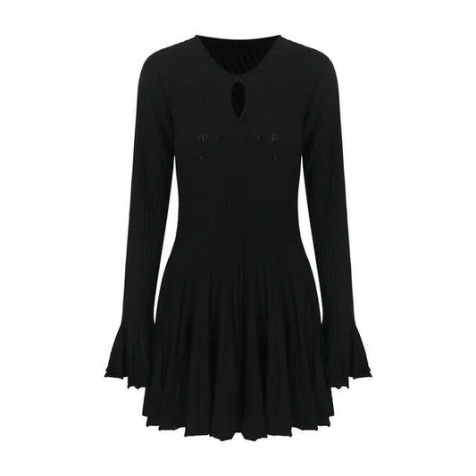 Korean Fashion Dresses for Women Autumn Winter Elegant Flare Sleeve Black Knit Wool Dress  High Quality Vestidos.