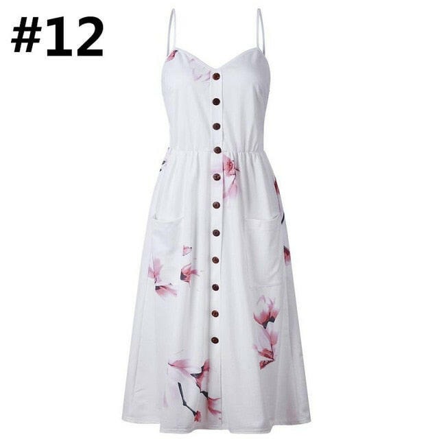 Sexy Women Floral Sleeveless Long Dresses Ladies Spaghetti Strap Sundress Printing Sling Button Backless Sexy Dress 20 Color W6.