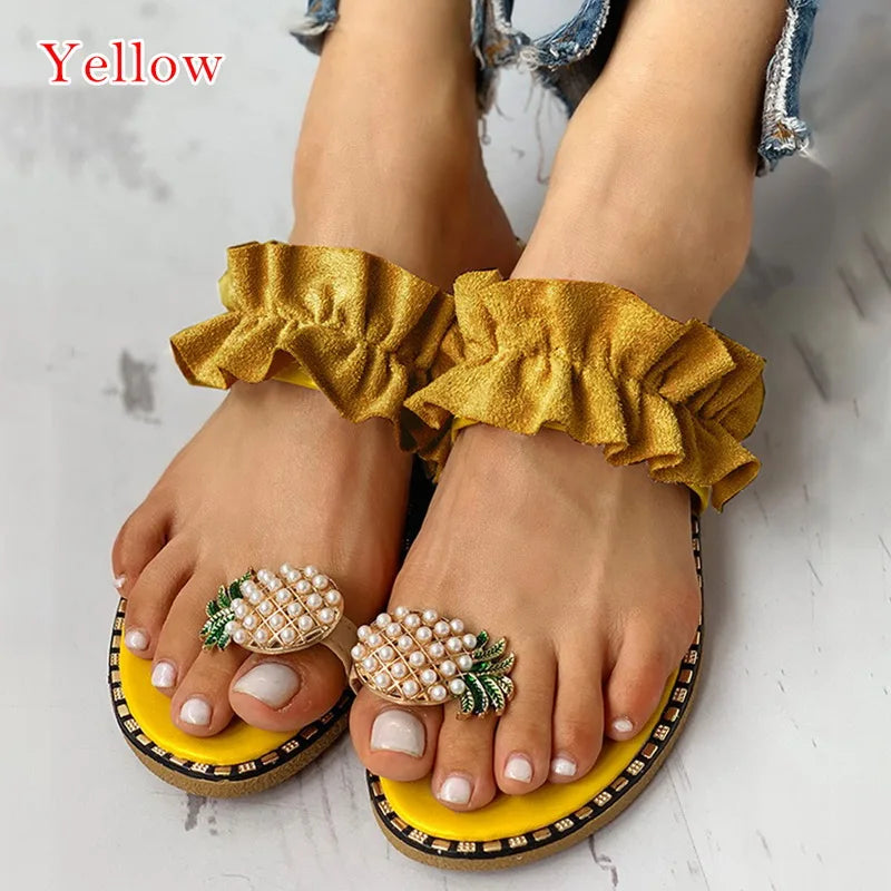 Women Slipper Pearl Flat Toe Bohemian Casual Shoes Beach Sandals Ladies Shoes Platform Sandalias De Mujer Verano.