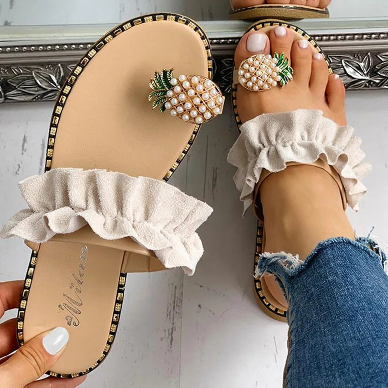 Women Slipper Pearl Flat Toe Bohemian Casual Shoes Beach Sandals Ladies Shoes Platform Sandalias De Mujer Verano.