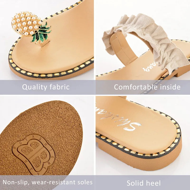 Women Slipper Pearl Flat Toe Bohemian Casual Shoes Beach Sandals Ladies Shoes Platform Sandalias De Mujer Verano.