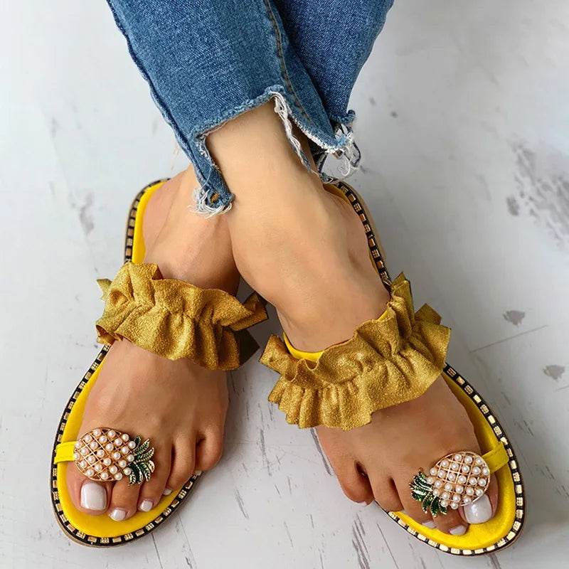 Women Slipper Pearl Flat Toe Bohemian Casual Shoes Beach Sandals Ladies Shoes Platform Sandalias De Mujer Verano.